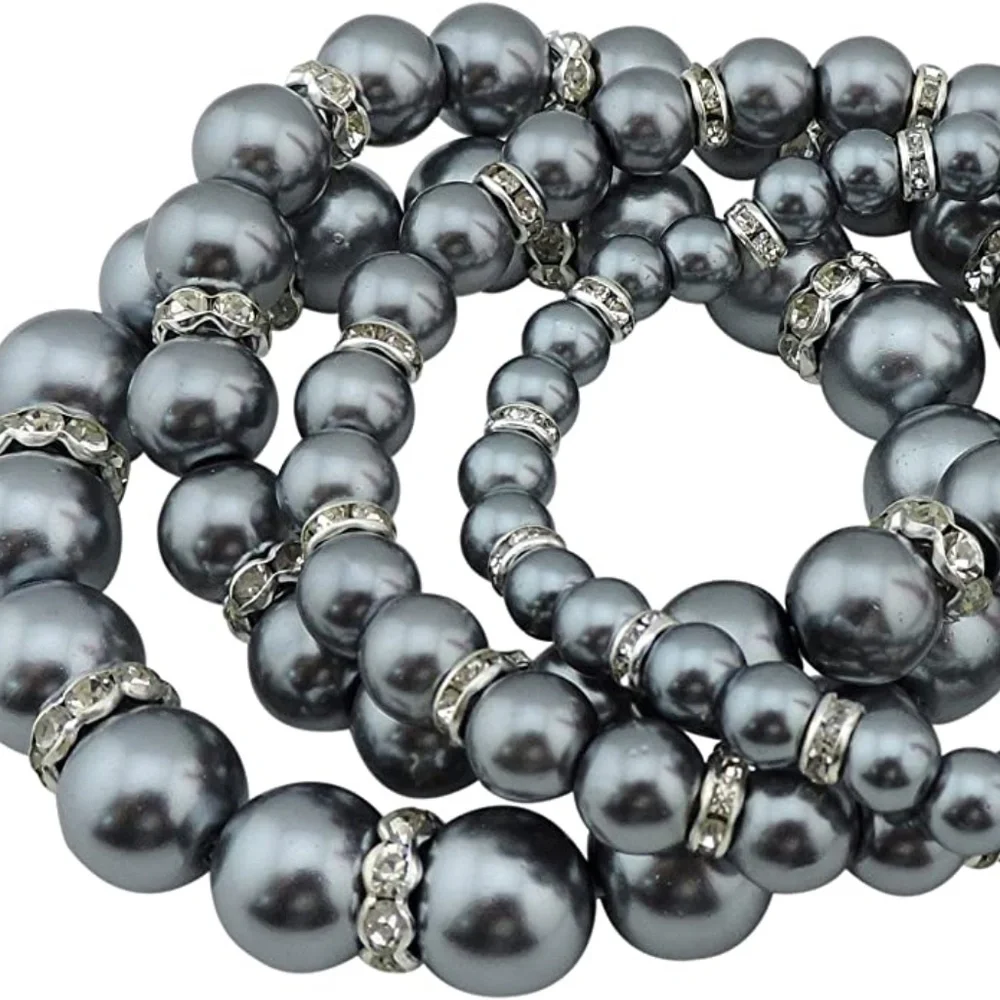 Set of 4 Faux Gray Pearl Stretch Bracelets with Rhinestone bead accents - Picture 1 of 5